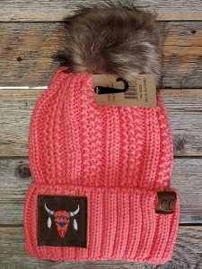 Beanie CC coral fuzzy lined pompom Steer head