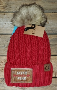 Beanie CC maroon fuzzy lined PomPom Faith over Fear